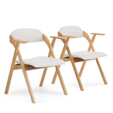 HAOYYE Set of 2 Wooden Folding Chairs with Padded PU Leather Seats and Armrests, Portable Foldable Beechwood Frame Chairs for Dining Kitchen Office Wedding Party Picnic, Natural Frame with Beige Cushion